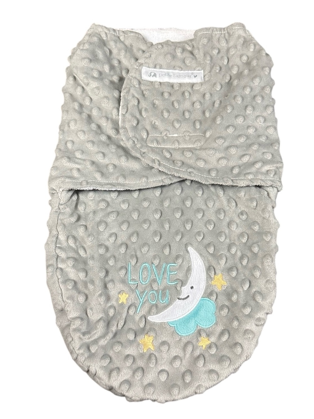 Petite L’amour Baby Swaddle Sleep Sack Gray Minky Dot Moon Love You